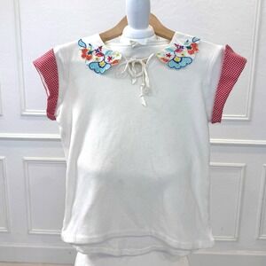 Vintage Topson Downs White Cotton Embroidered Gingham Peter Pan Collar Top Med
